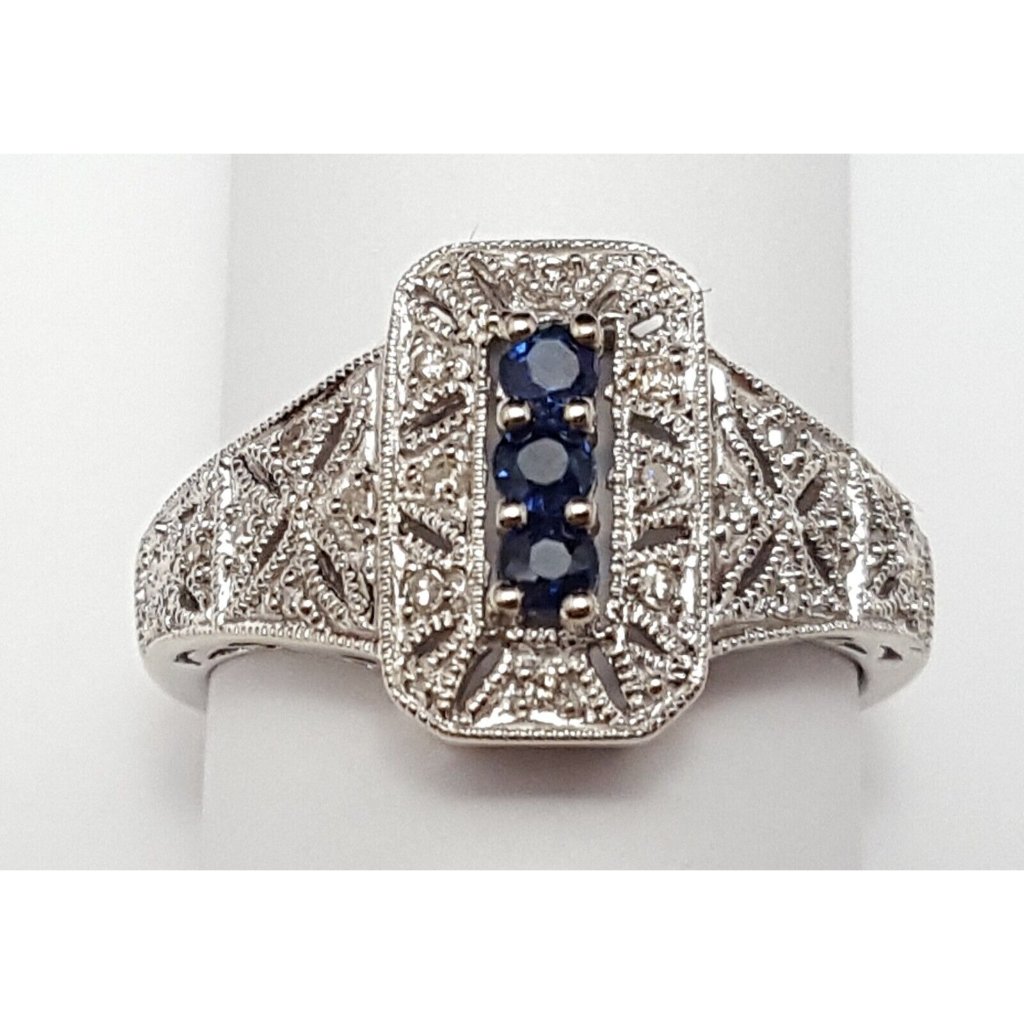 Unique 14k Karat Solid White Gold Designer Sapphire  Diamond Ring  Size 675